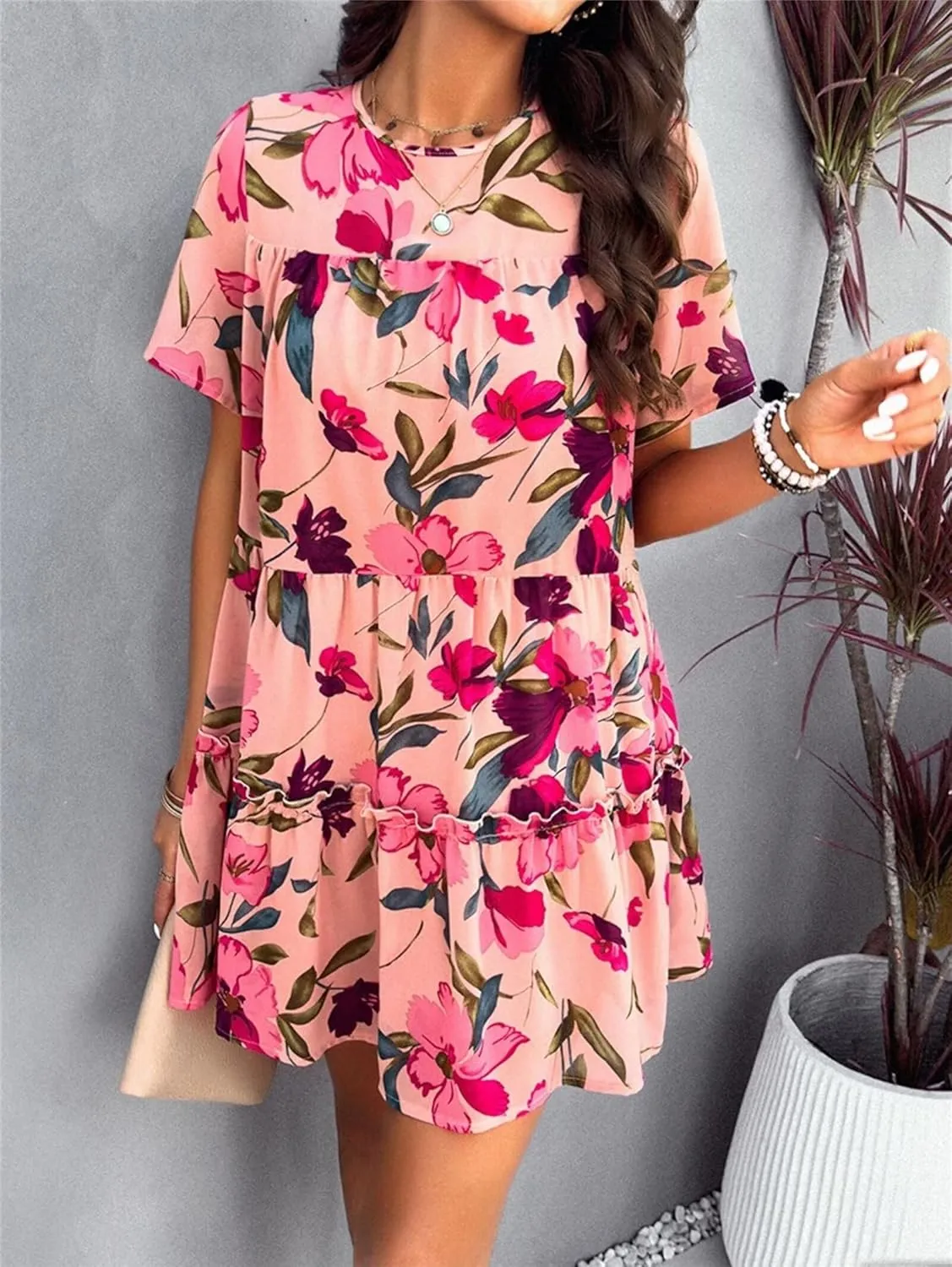 Womens Cute Summer Dresses Fashion Short Sleeve O Neck Mini Swing Dresses Ruffle Floral Vacation Dresses Plus Size