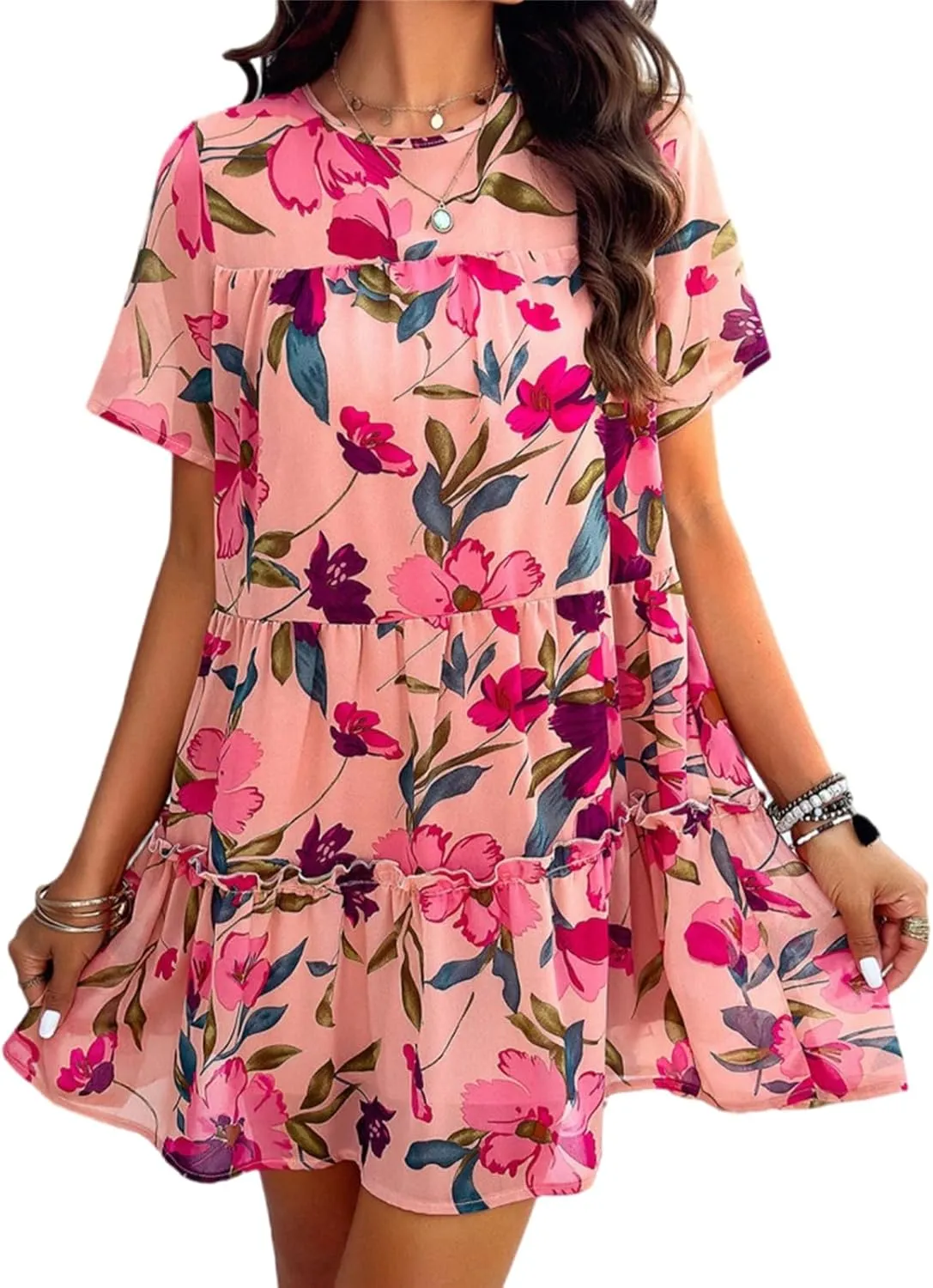 Womens Cute Summer Dresses Fashion Short Sleeve O Neck Mini Swing Dresses Ruffle Floral Vacation Dresses Plus Size