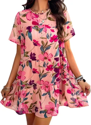 Womens Cute Summer Dresses Fashion Short Sleeve O Neck Mini Swing Dresses Ruffle Floral Vacation Dresses Plus Size