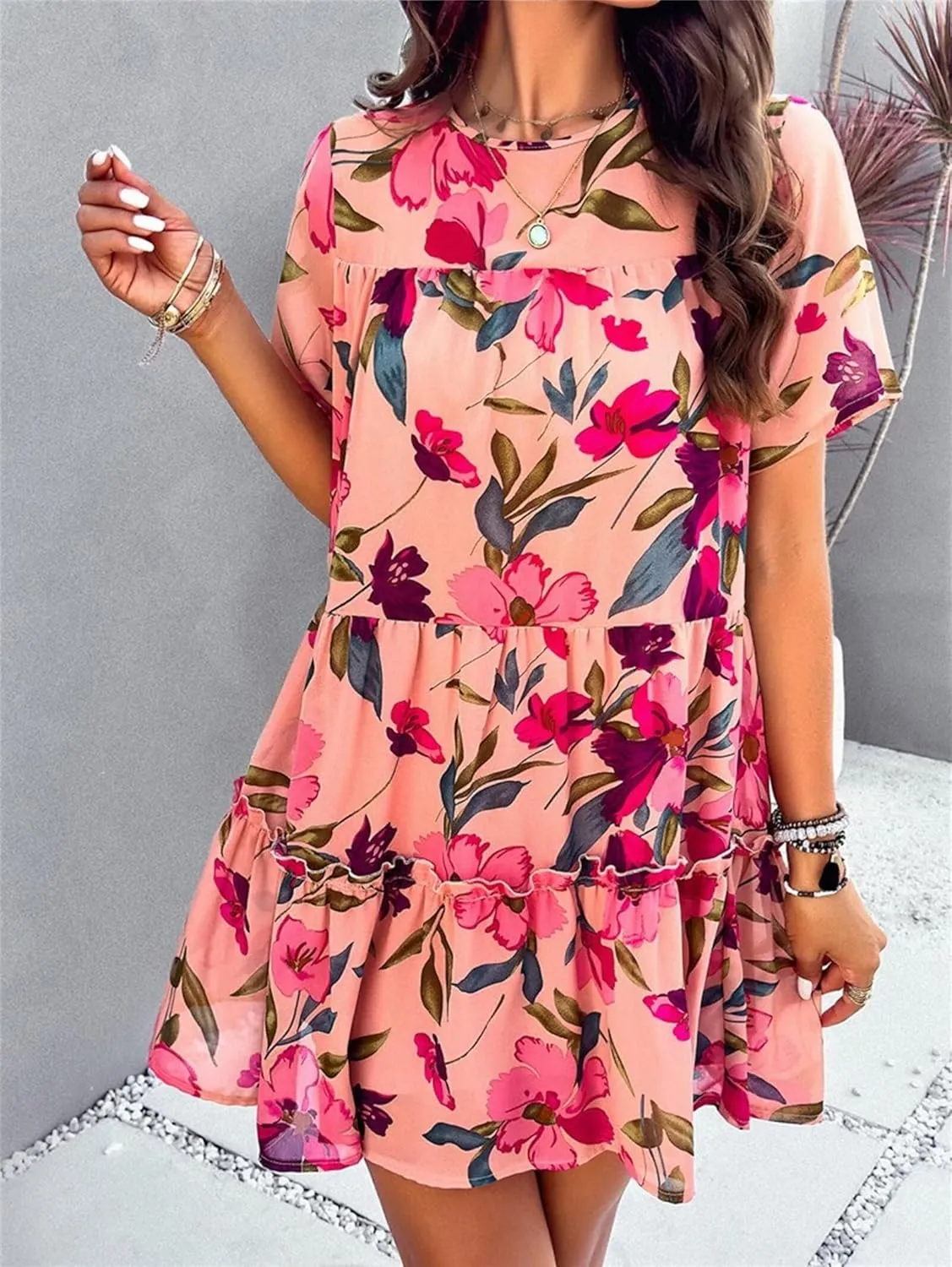 Womens Cute Summer Dresses Fashion Short Sleeve O Neck Mini Swing Dresses Ruffle Floral Vacation Dresses Plus Size