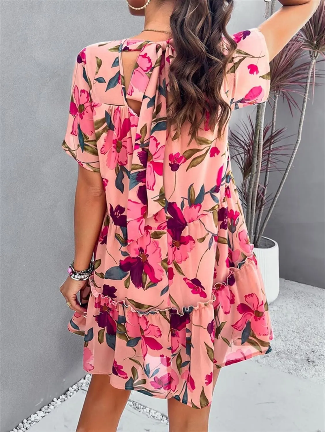 Womens Cute Summer Dresses Fashion Short Sleeve O Neck Mini Swing Dresses Ruffle Floral Vacation Dresses Plus Size
