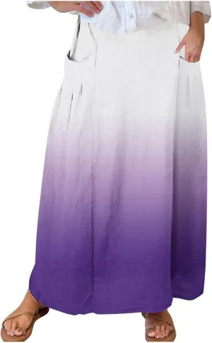 Women's Elastic High Waist Skirts Plus Size Tie-dye Gradient Color Block A-Line Pleated Long Maxi Skirts with Pocket
