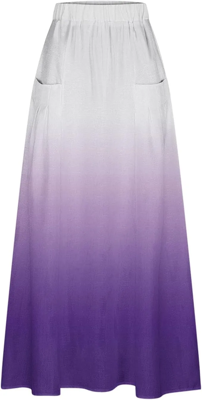 Women's Elastic High Waist Skirts Plus Size Tie-dye Gradient Color Block A-Line Pleated Long Maxi Skirts with Pocket