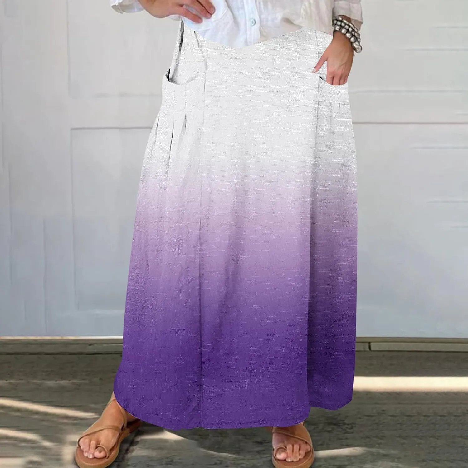 Women's Elastic High Waist Skirts Plus Size Tie-dye Gradient Color Block A-Line Pleated Long Maxi Skirts with Pocket