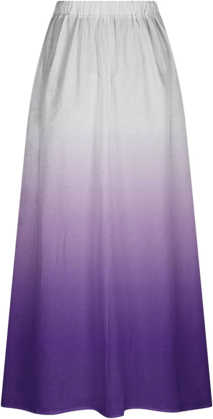 Women's Elastic High Waist Skirts Plus Size Tie-dye Gradient Color Block A-Line Pleated Long Maxi Skirts with Pocket