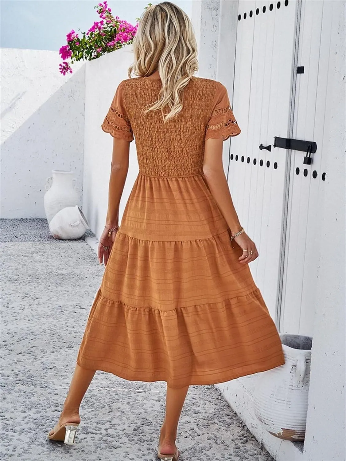 Womens Elegant Summer Dresses Casual Short Sleeve O Neck Maxi Dress Ruffle Boho Vacation Dress Wedding Guest Dresses