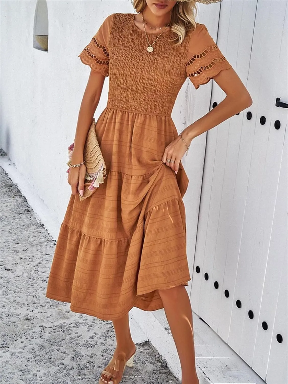 Womens Elegant Summer Dresses Casual Short Sleeve O Neck Maxi Dress Ruffle Boho Vacation Dress Wedding Guest Dresses