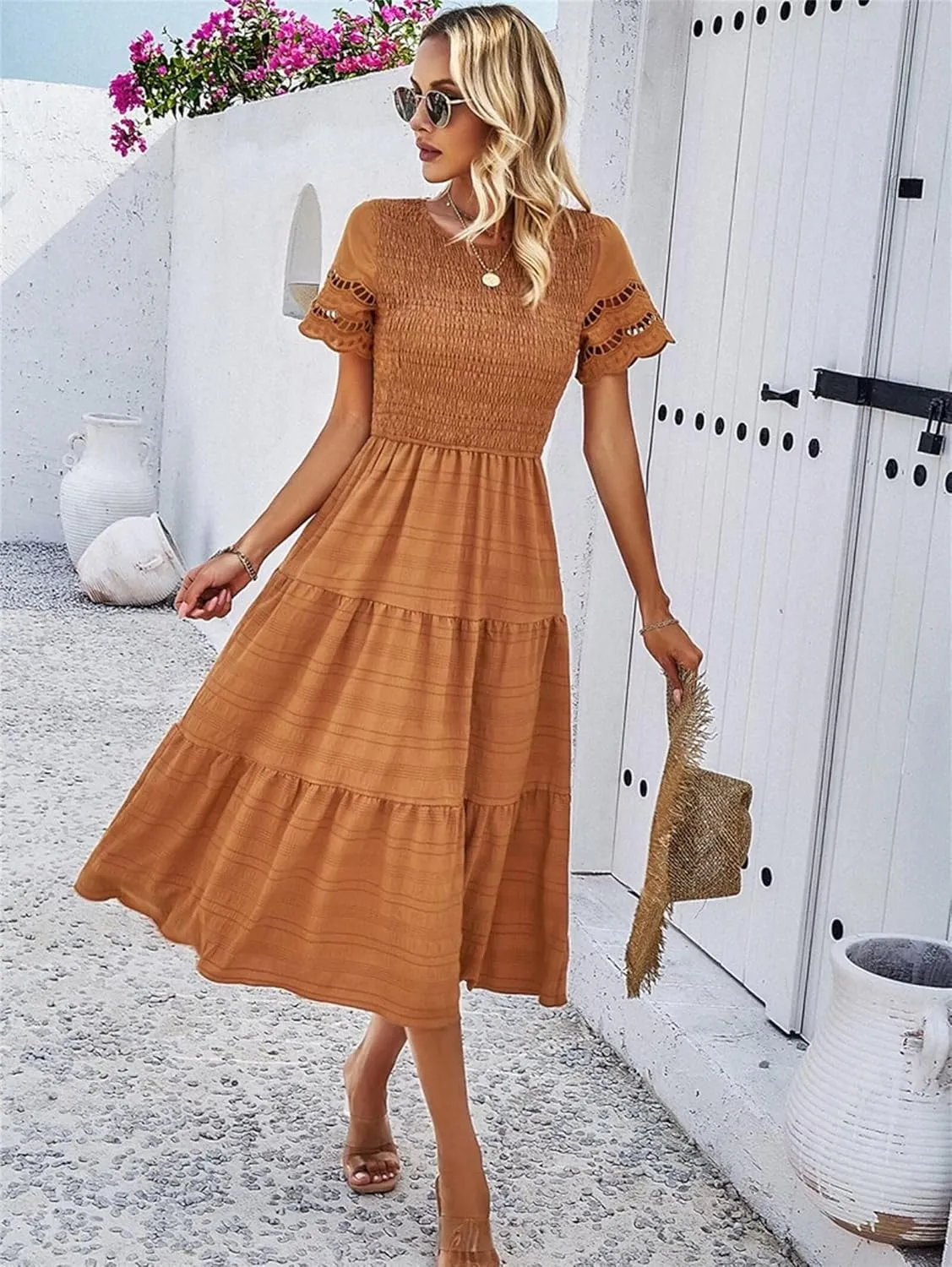 Womens Elegant Summer Dresses Casual Short Sleeve O Neck Maxi Dress Ruffle Boho Vacation Dress Wedding Guest Dresses