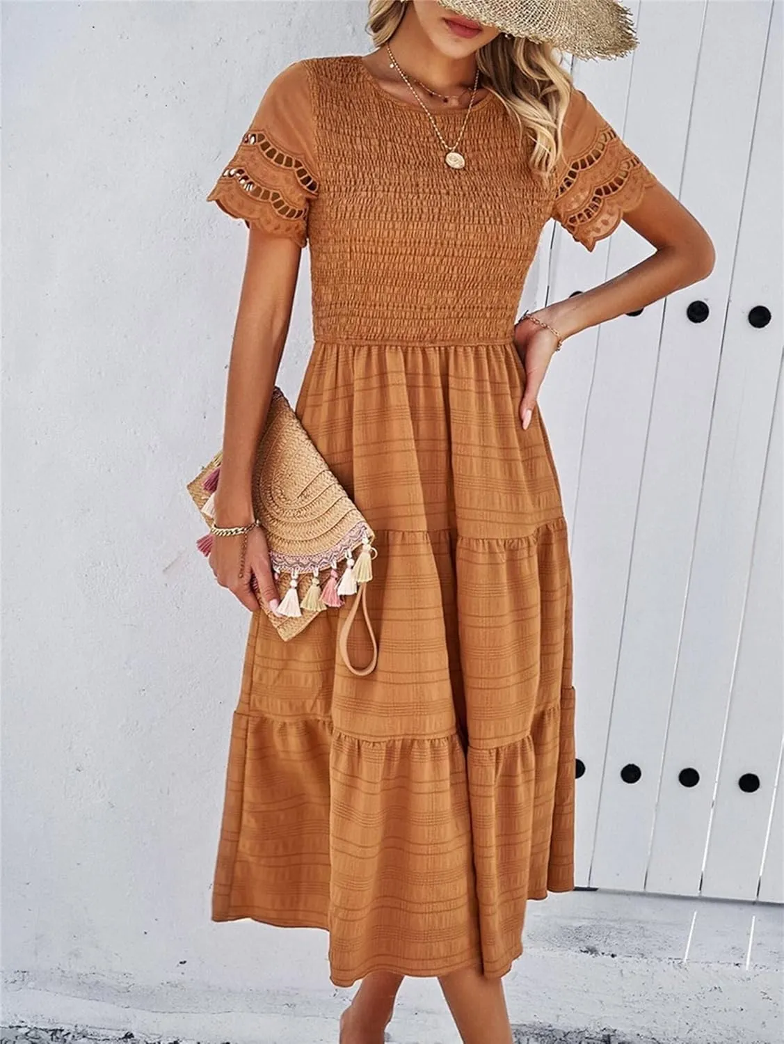 Womens Elegant Summer Dresses Casual Short Sleeve O Neck Maxi Dress Ruffle Boho Vacation Dress Wedding Guest Dresses