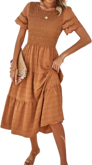 Womens Elegant Summer Dresses Casual Short Sleeve O Neck Maxi Dress Ruffle Boho Vacation Dress Wedding Guest Dresses