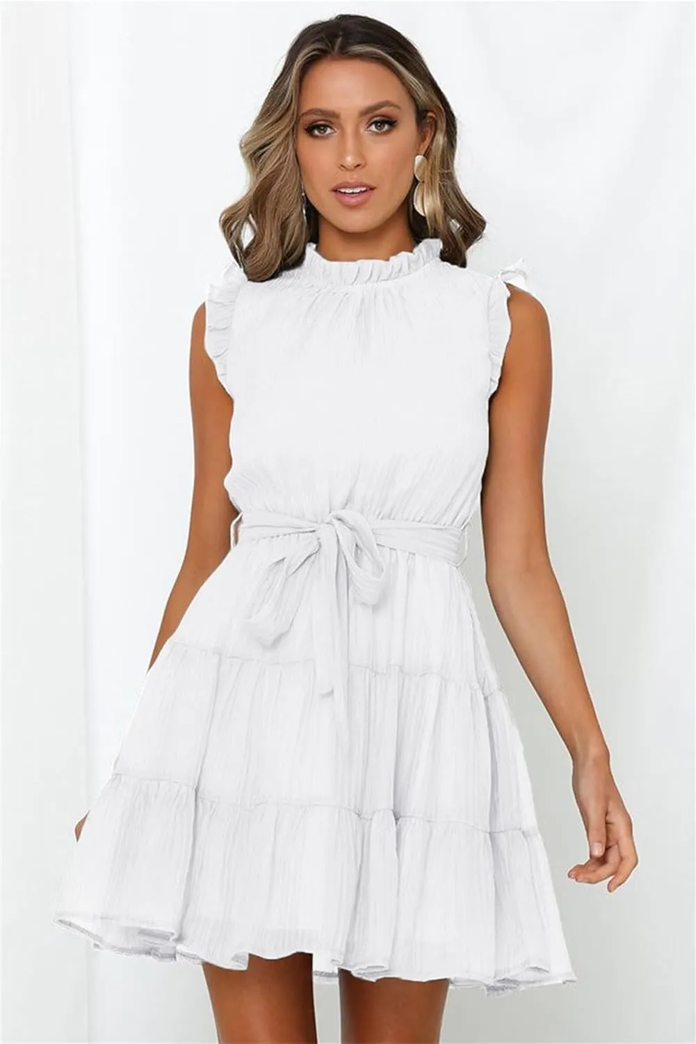 Womens Fashion Summer Dresses Casual Puff Sleeve Ruffle Mini Dress Vacation Beach Boho Dresses Cute Dresses with Belt