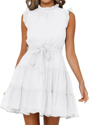Womens Fashion Summer Dresses Casual Puff Sleeve Ruffle Mini Dress Vacation Beach Boho Dresses Cute Dresses with Belt