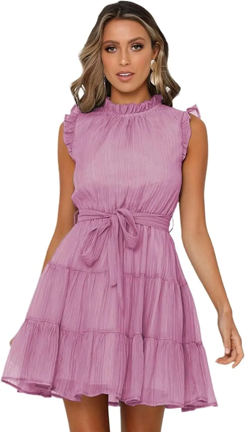 Womens Fashion Summer Dresses Casual Puff Sleeve Ruffle Mini Dress Vacation Beach Boho Dresses Cute Dresses with Belt