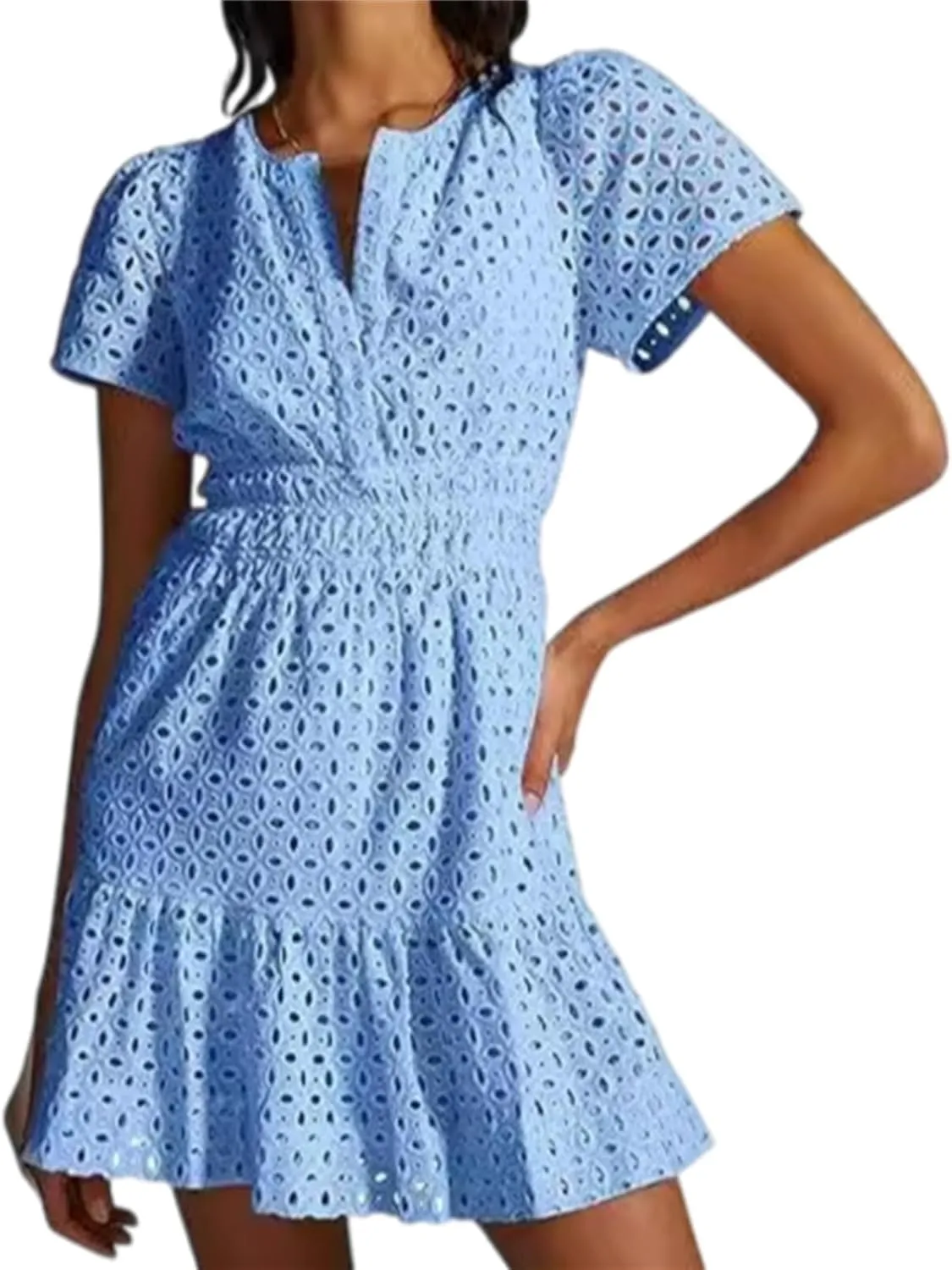 Womens Fashion Summer Dresses Casual Short Sleeve Lace Mini Dresses Ruched Dress Vacation Dress Wedding Guest Dresses