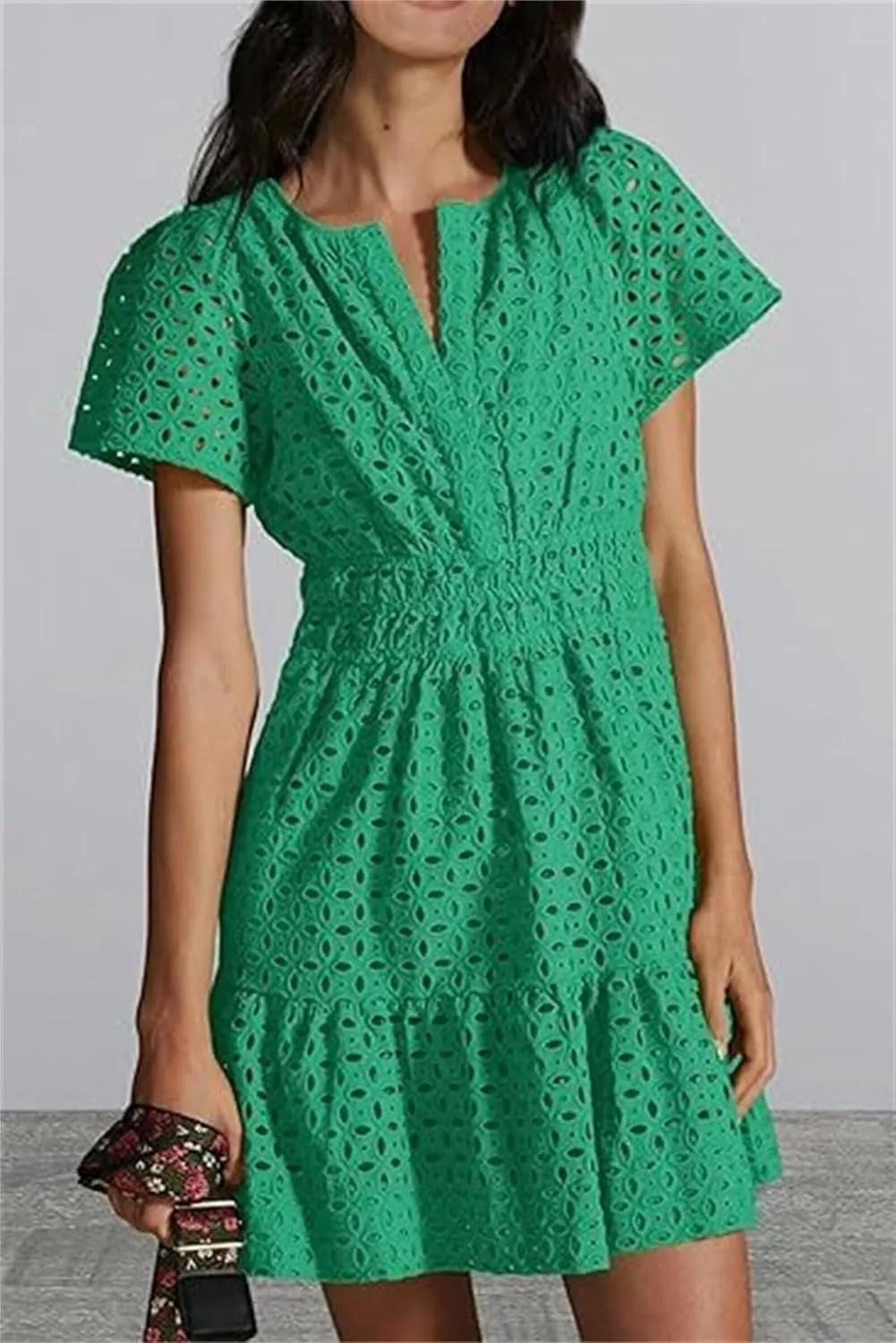 Womens Fashion Summer Dresses Casual Short Sleeve Lace Mini Dresses Ruched Dress Vacation Dress Wedding Guest Dresses