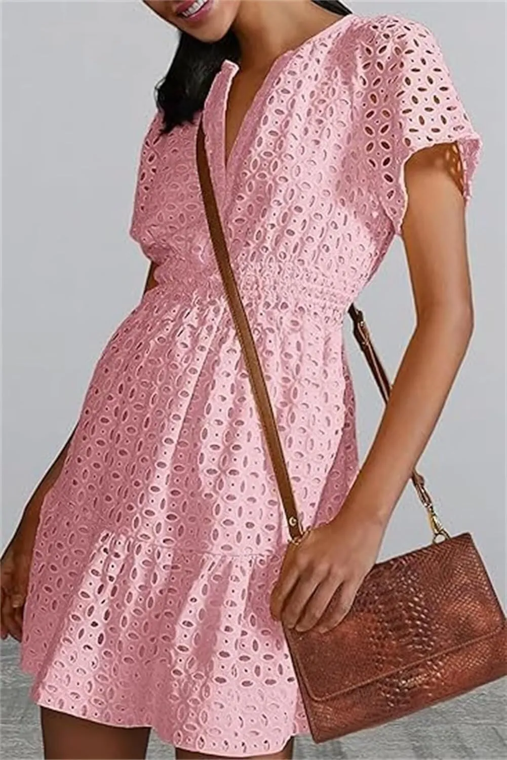 Womens Fashion Summer Dresses Casual Short Sleeve Lace Mini Dresses Ruched Dress Vacation Dress Wedding Guest Dresses