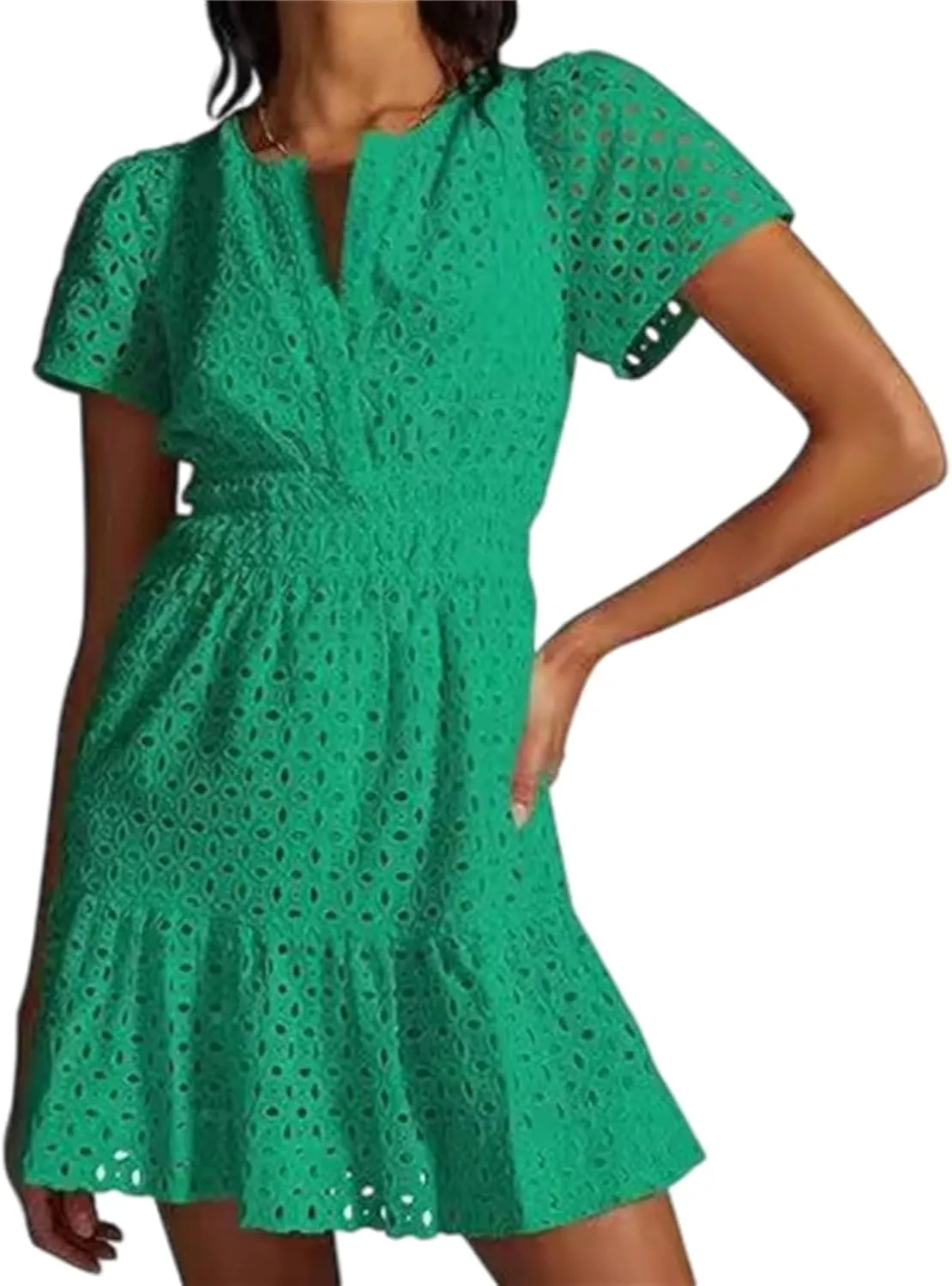 Womens Fashion Summer Dresses Casual Short Sleeve Lace Mini Dresses Ruched Dress Vacation Dress Wedding Guest Dresses