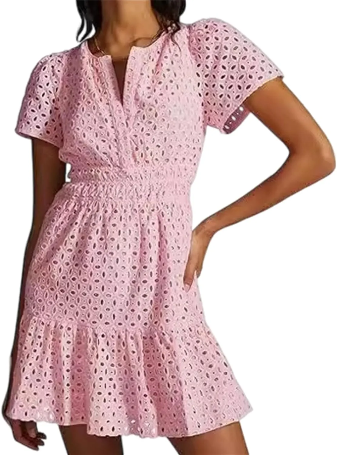 Womens Fashion Summer Dresses Casual Short Sleeve Lace Mini Dresses Ruched Dress Vacation Dress Wedding Guest Dresses