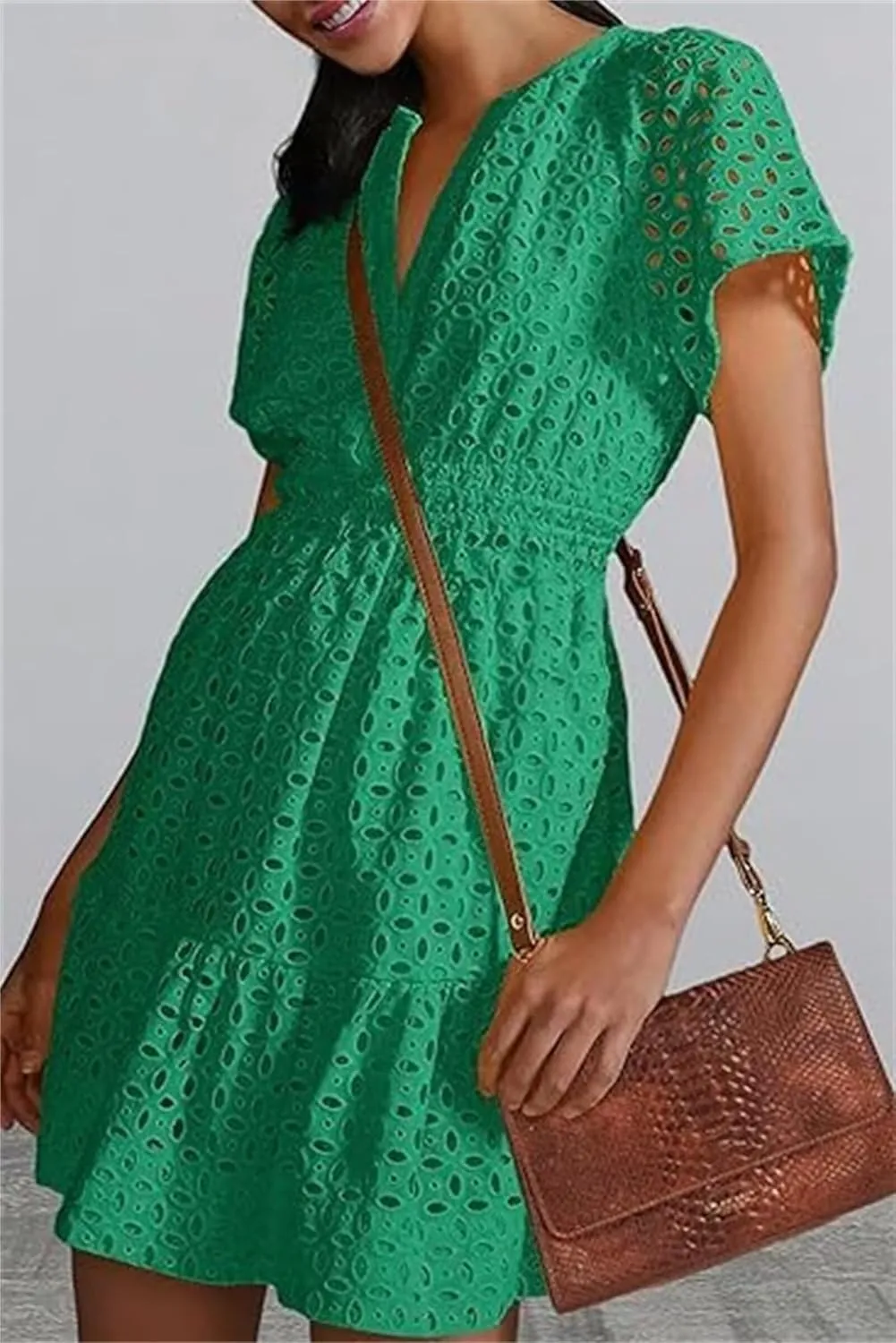 Womens Fashion Summer Dresses Casual Short Sleeve Lace Mini Dresses Ruched Dress Vacation Dress Wedding Guest Dresses