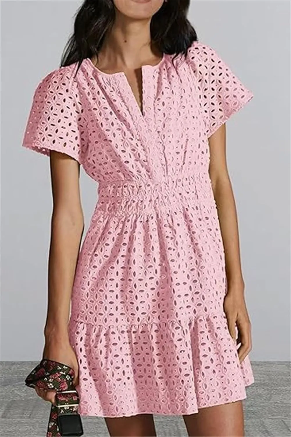 Womens Fashion Summer Dresses Casual Short Sleeve Lace Mini Dresses Ruched Dress Vacation Dress Wedding Guest Dresses