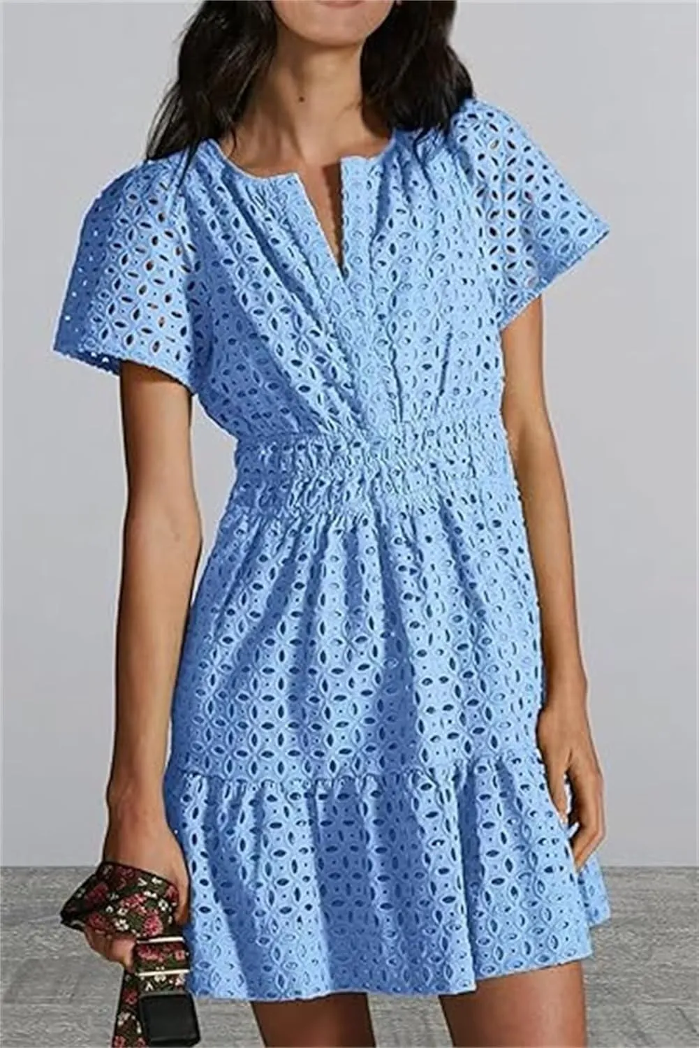 Womens Fashion Summer Dresses Casual Short Sleeve Lace Mini Dresses Ruched Dress Vacation Dress Wedding Guest Dresses