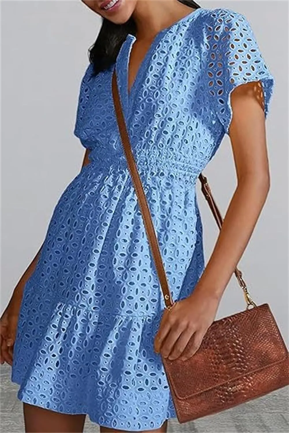 Womens Fashion Summer Dresses Casual Short Sleeve Lace Mini Dresses Ruched Dress Vacation Dress Wedding Guest Dresses
