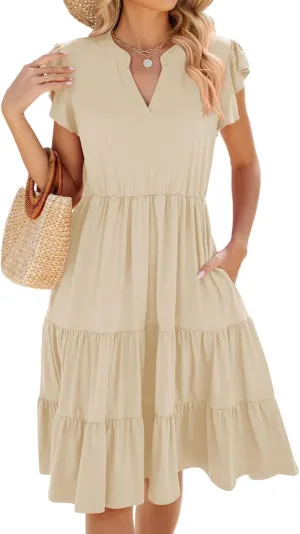 Womens Fashion Summer Dresses Casual Short Sleeve V Neck Mini Dresses Ruffle Boho Dresses Vacation Beach Dresses