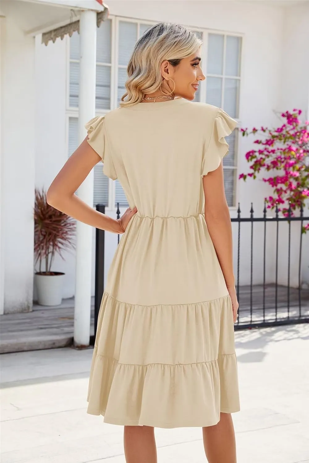 Womens Fashion Summer Dresses Casual Short Sleeve V Neck Mini Dresses Ruffle Boho Dresses Vacation Beach Dresses