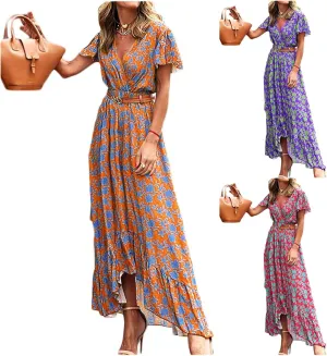 Women's Flowy Wedding Guest Dress Casual Summer Dresses for Women Boho Dress Print V-Neck Beach Sundress Floral Dress