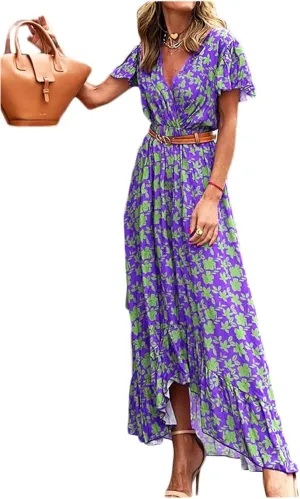 Women's Flowy Wedding Guest Dress Casual Summer Dresses for Women Boho Dress Print V-Neck Beach Sundress Floral Dress