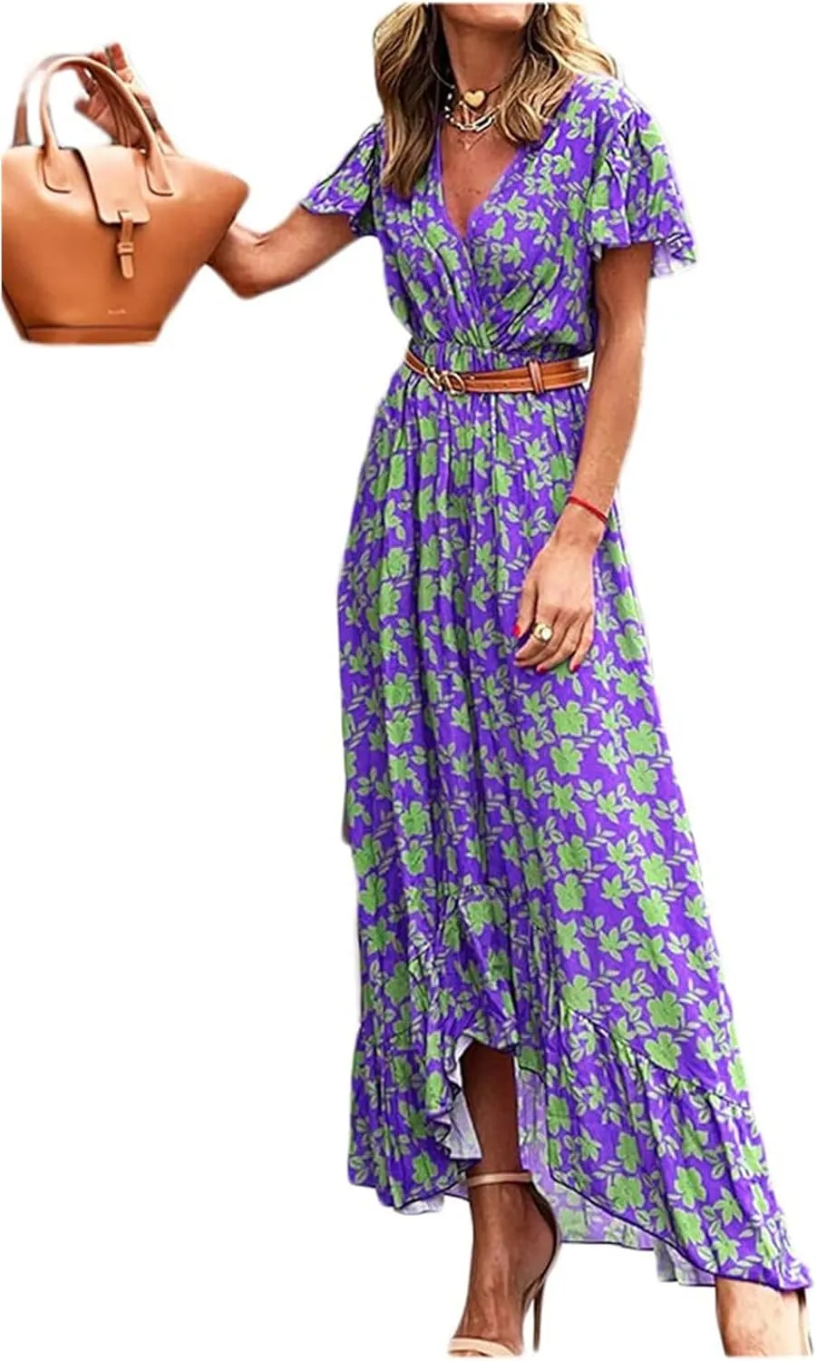 Women's Flowy Wedding Guest Dress Casual Summer Dresses for Women Boho Dress Print V-Neck Beach Sundress Floral Dress