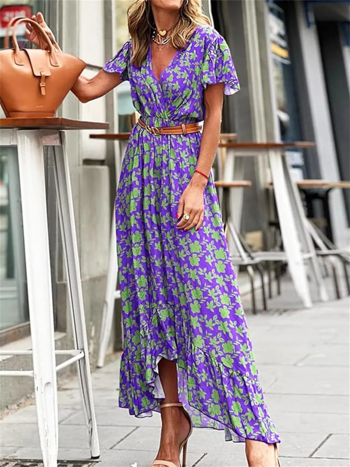 Women's Flowy Wedding Guest Dress Casual Summer Dresses for Women Boho Dress Print V-Neck Beach Sundress Floral Dress