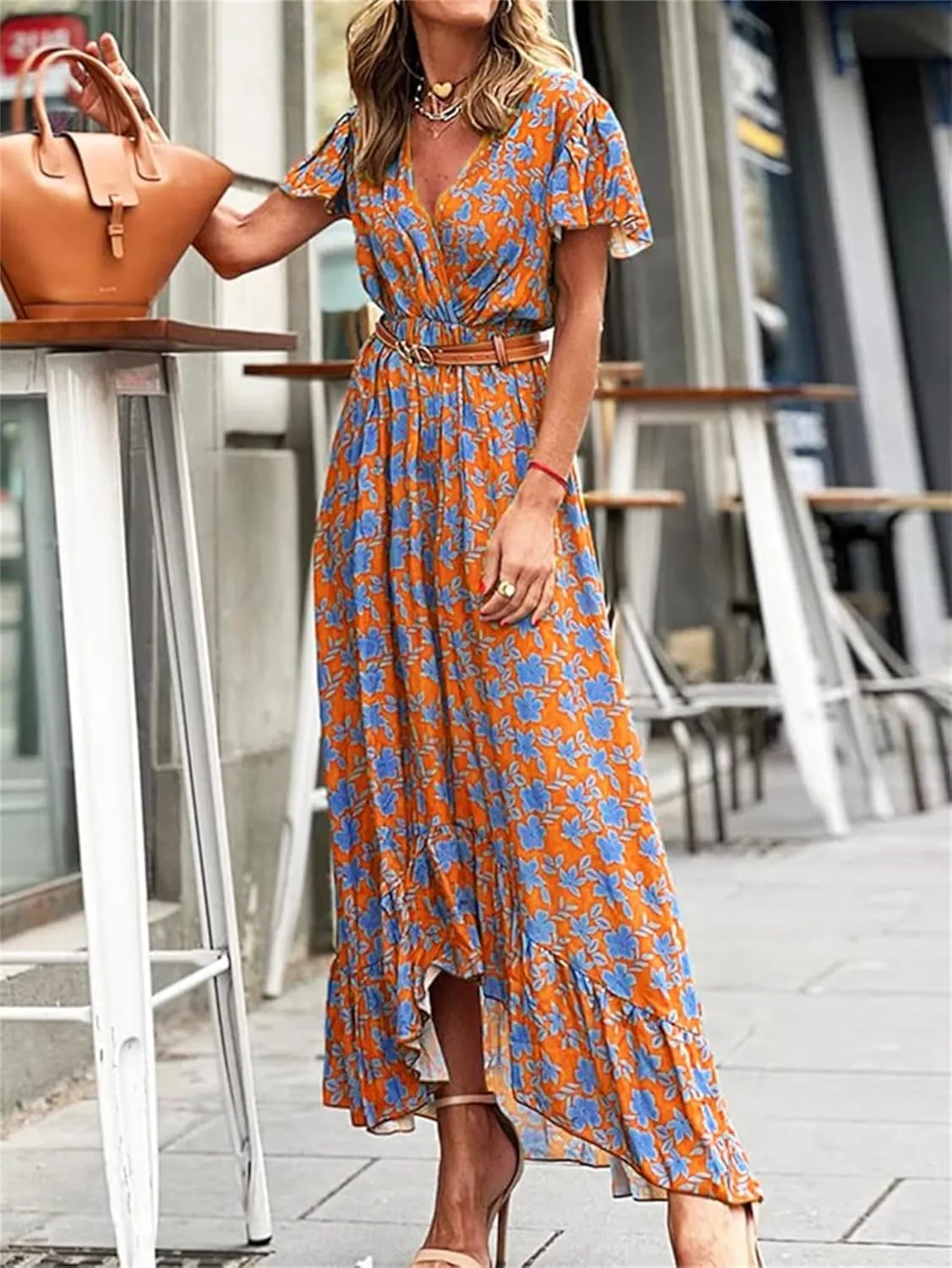Women's Flowy Wedding Guest Dress Casual Summer Dresses for Women Boho Dress Print V-Neck Beach Sundress Floral Dress