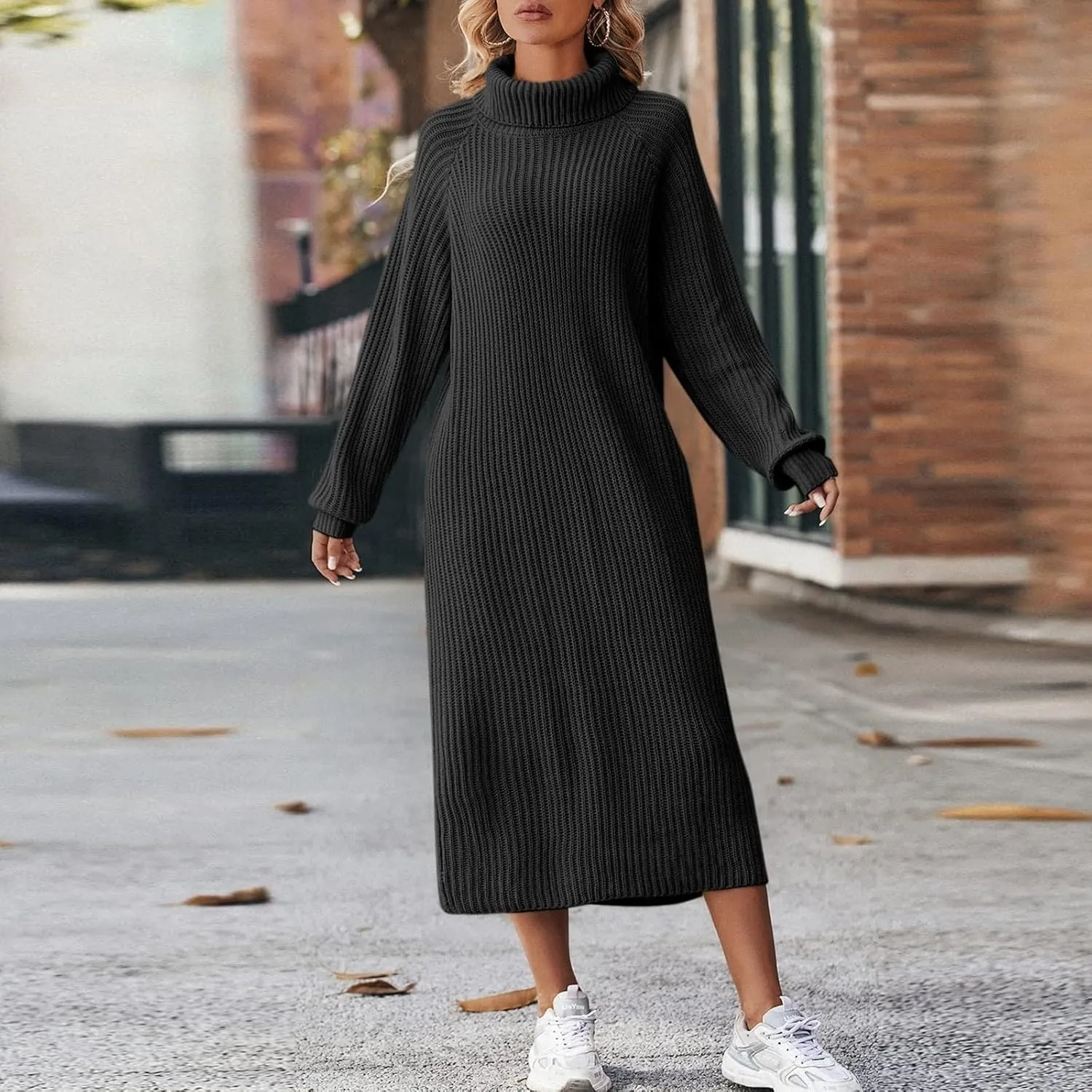 Women's Formal Dresses Fashion Casual Solid Color Long Sleeve High Neck Knit Midi Dress