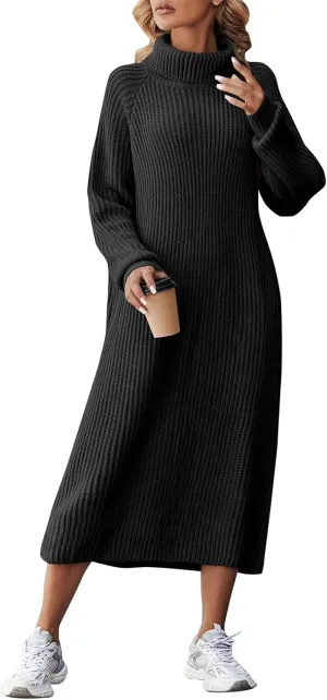 Women's Formal Dresses Fashion Casual Solid Color Long Sleeve High Neck Knit Midi Dress