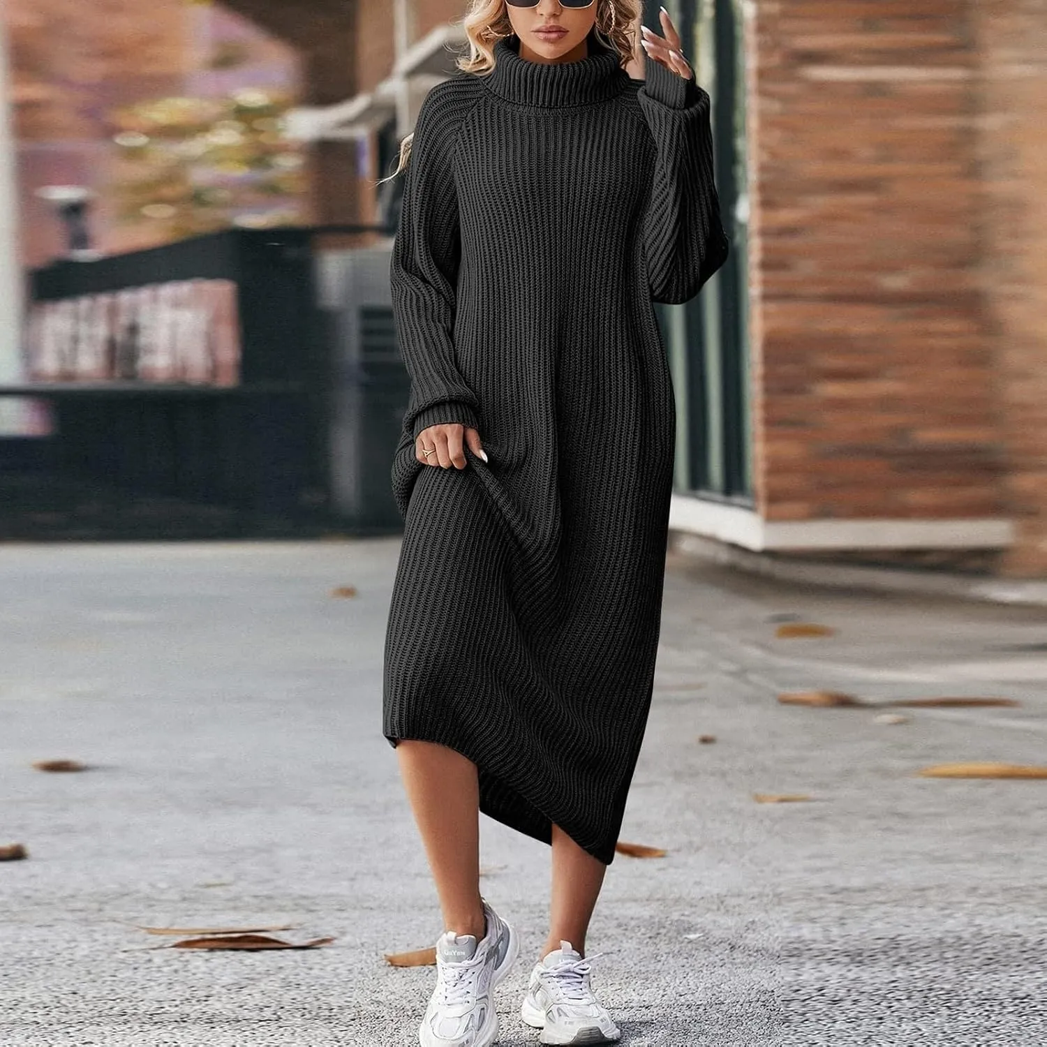 Women's Formal Dresses Fashion Casual Solid Color Long Sleeve High Neck Knit Midi Dress