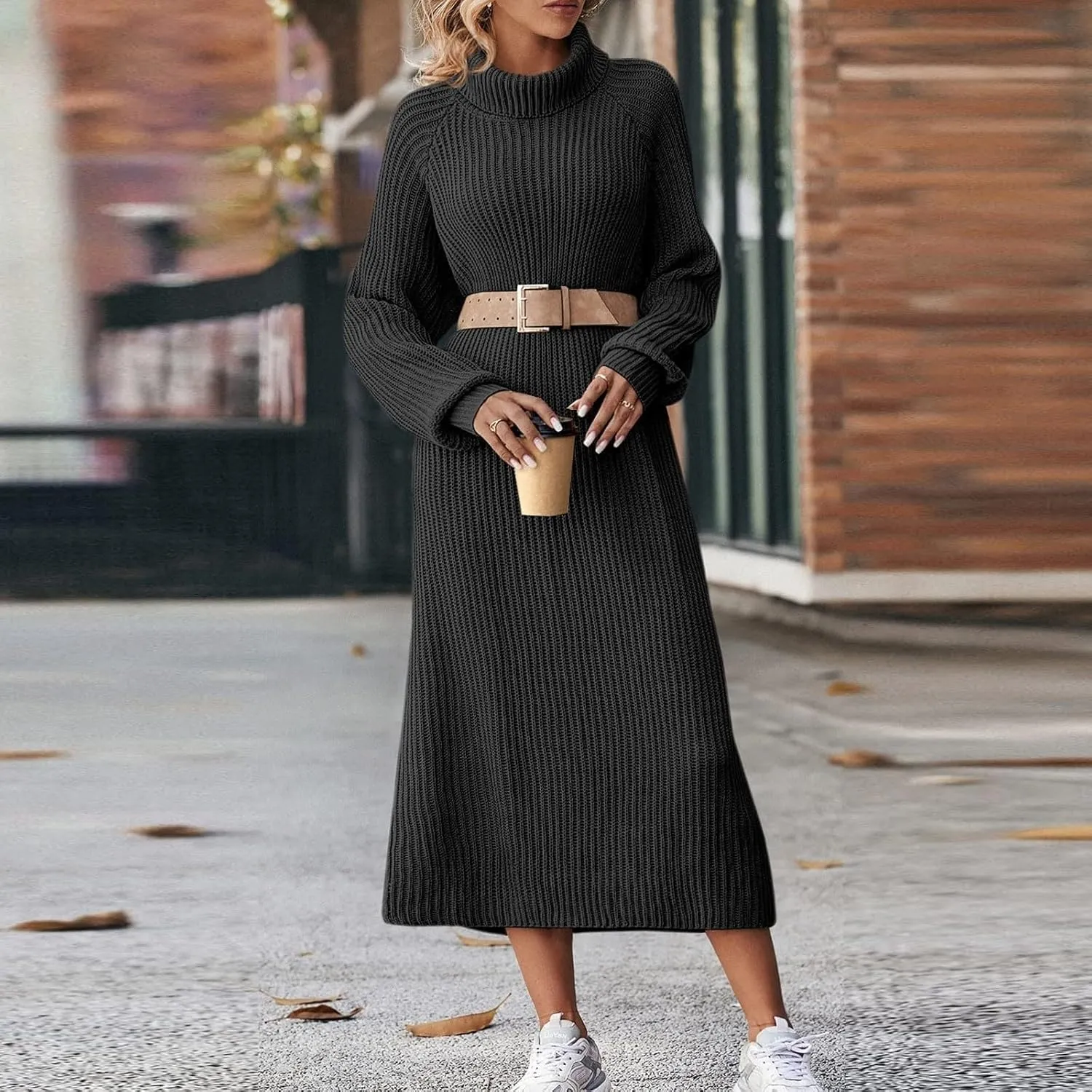 Women's Formal Dresses Fashion Casual Solid Color Long Sleeve High Neck Knit Midi Dress