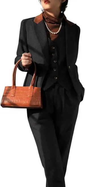 Women's Herringbone Tweed 3 Pieces Suit One Button Office Lady Blazer Vest Pants