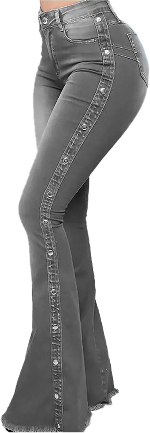 Women's High Waist Stretch Studded Flared Jeans Washed Bell Bottom Fitted Denim Pants