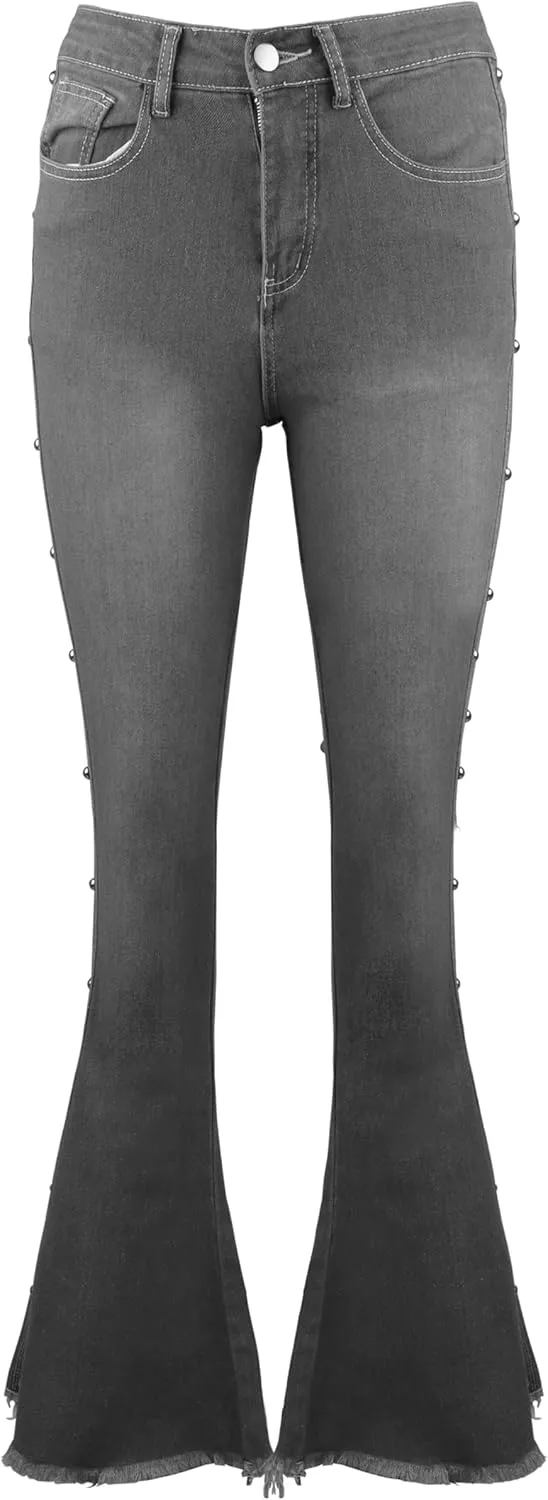 Women's High Waist Stretch Studded Flared Jeans Washed Bell Bottom Fitted Denim Pants