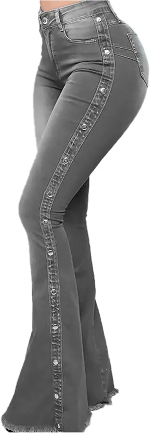 Women's High Waist Stretch Studded Flared Jeans Washed Bell Bottom Fitted Denim Pants