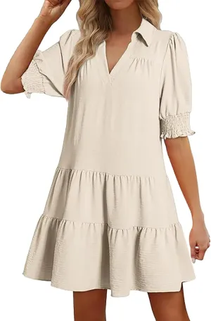 Womens Lapel V Neck Cute Shift Tierd Dress with Pockets Bell Sleeve Ruffle Hem Loose Swing Summer Tunic Mini Dress