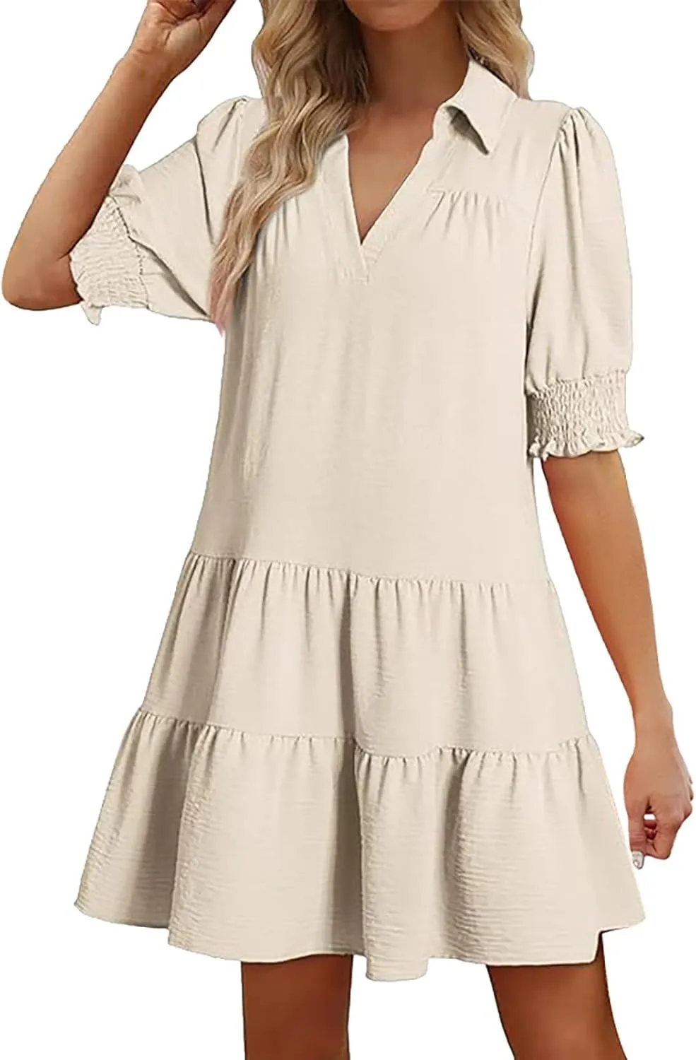 Womens Lapel V Neck Cute Shift Tierd Dress with Pockets Bell Sleeve Ruffle Hem Loose Swing Summer Tunic Mini Dress