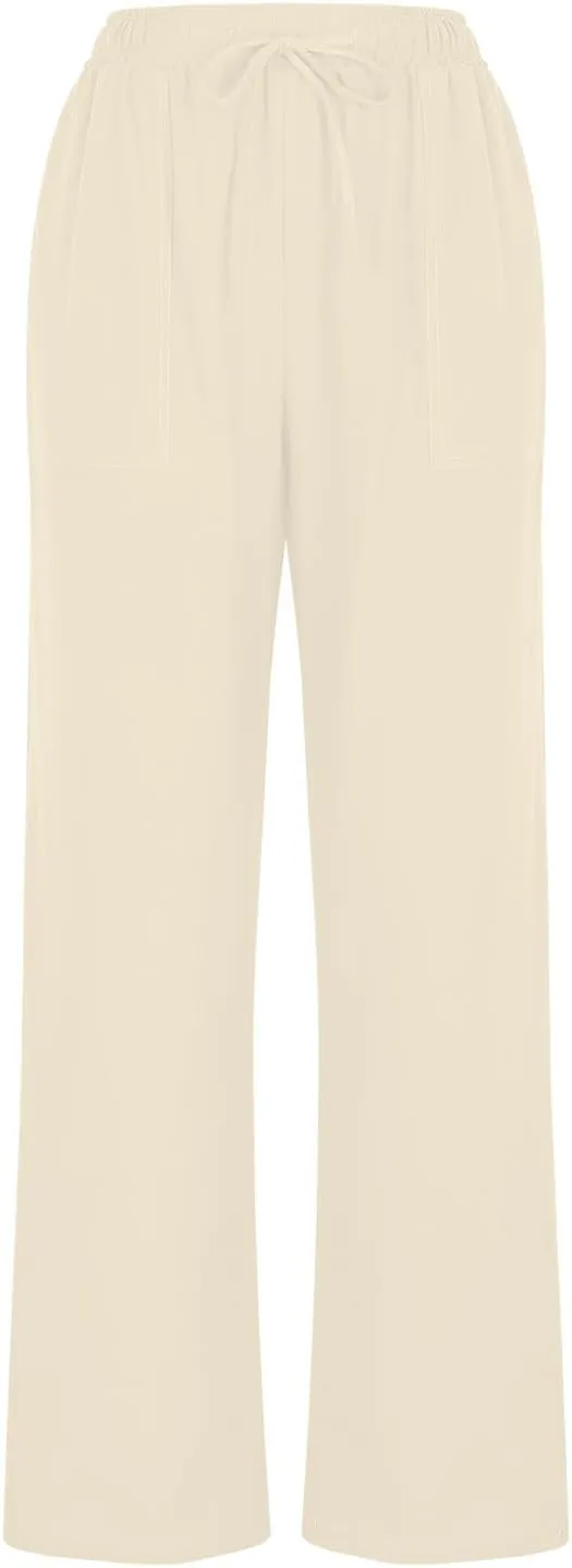 Womens Linen Pants Wide Leg Elastic Waisted Pants Lightweight Loose Fit Pants Casual Trendy Pants Fashion Pants