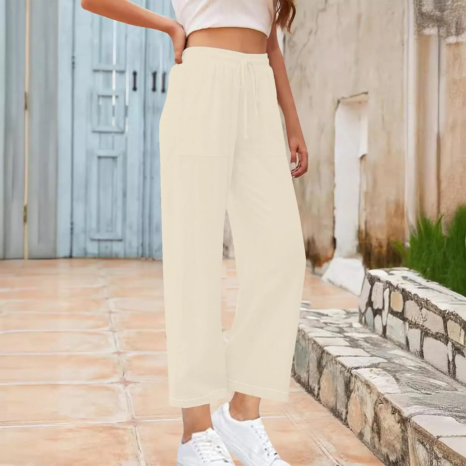 Womens Linen Pants Wide Leg Elastic Waisted Pants Lightweight Loose Fit Pants Casual Trendy Pants Fashion Pants