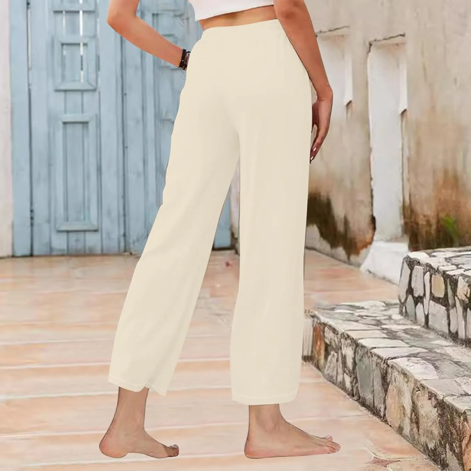 Womens Linen Pants Wide Leg Elastic Waisted Pants Lightweight Loose Fit Pants Casual Trendy Pants Fashion Pants