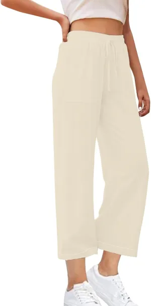 Womens Linen Pants Wide Leg Elastic Waisted Pants Lightweight Loose Fit Pants Casual Trendy Pants Fashion Pants