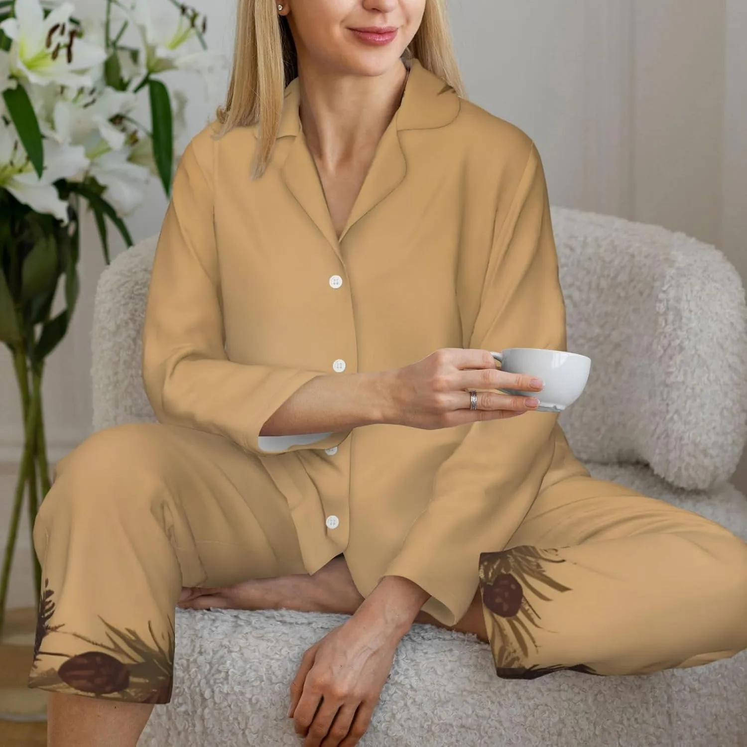Women's Pajama Sets Long Sleeve Sleepwear Pine Cone Border Button Down Nightshirts Soft Pjs Loungewear Sets