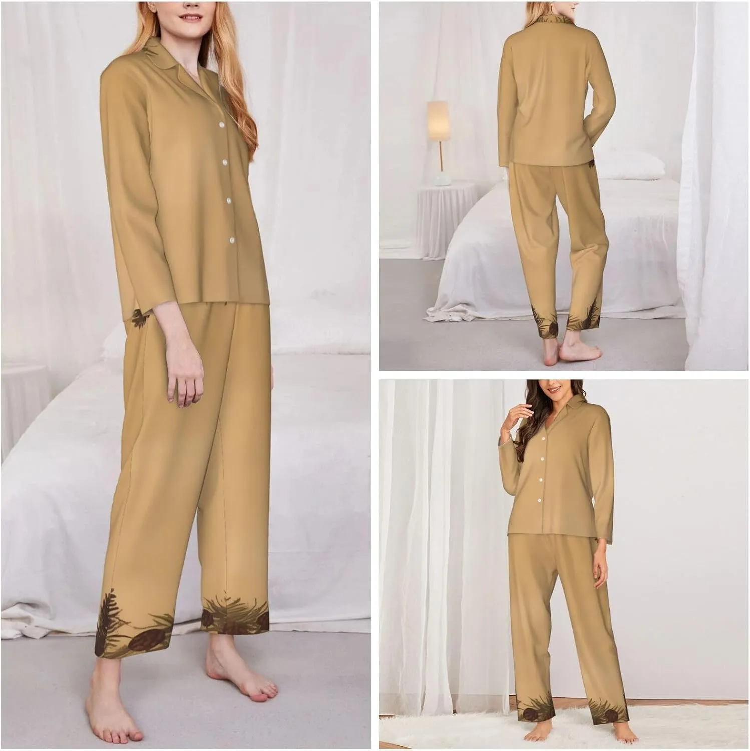 Women's Pajama Sets Long Sleeve Sleepwear Pine Cone Border Button Down Nightshirts Soft Pjs Loungewear Sets