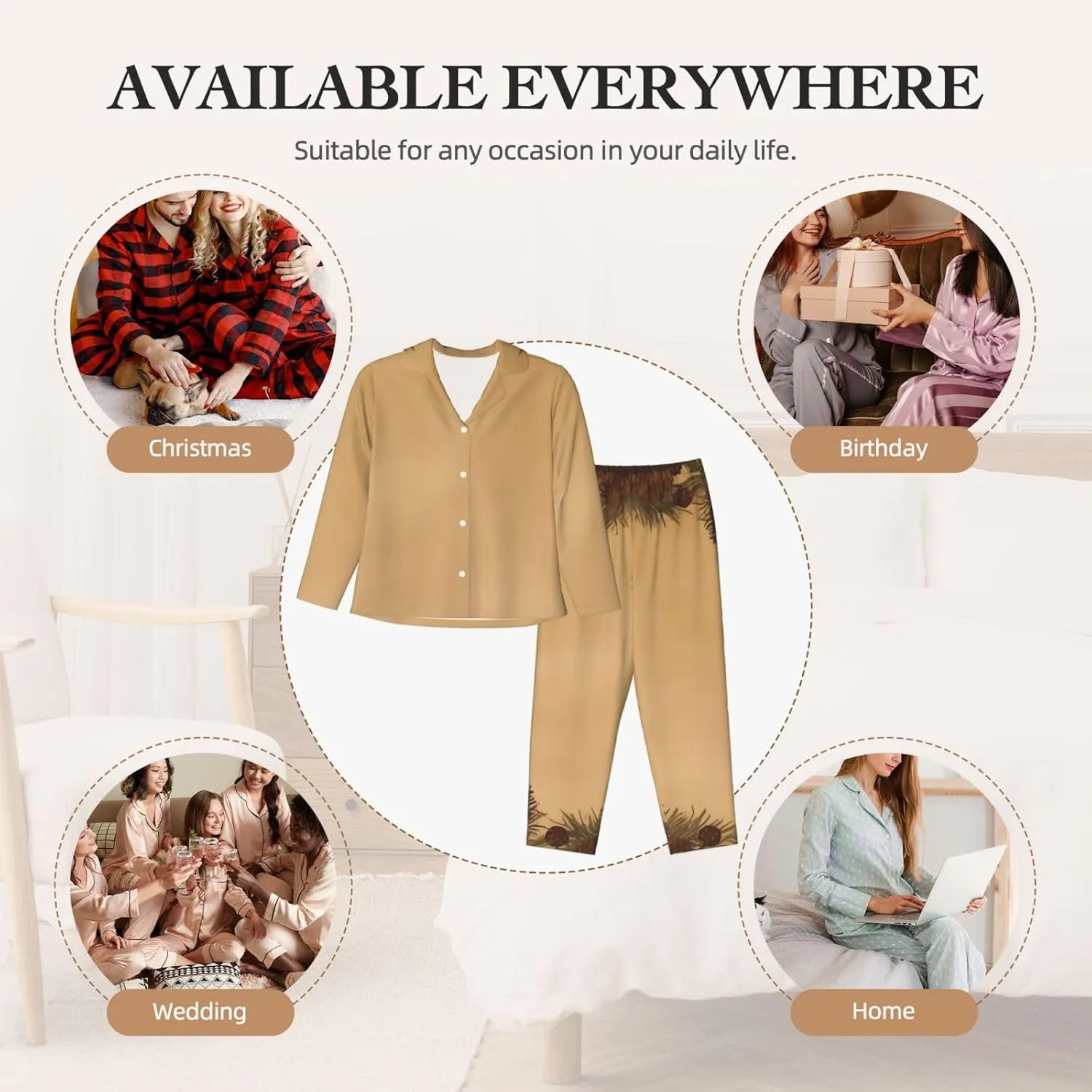 Women's Pajama Sets Long Sleeve Sleepwear Pine Cone Border Button Down Nightshirts Soft Pjs Loungewear Sets